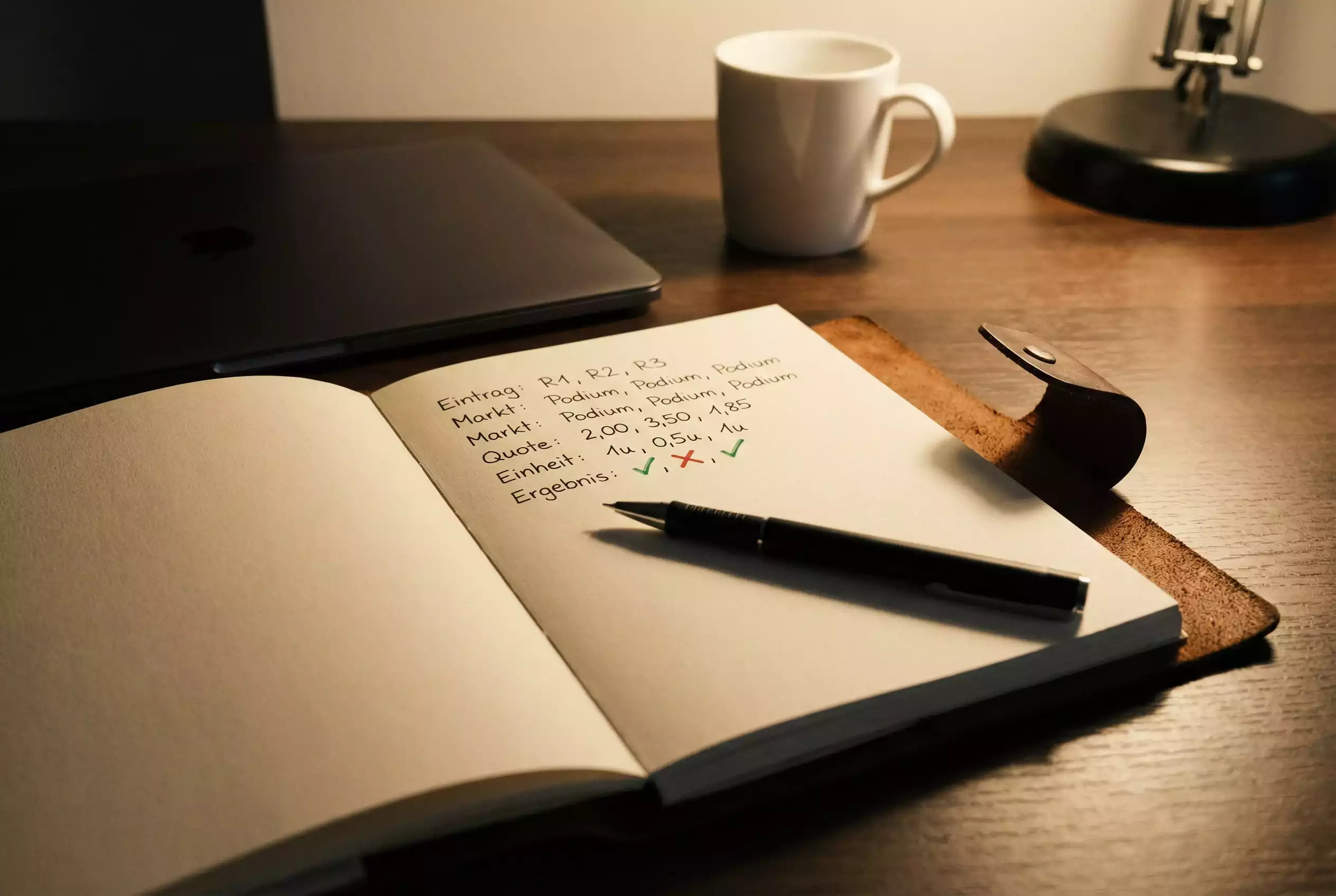 Bankroll Management F1 Wetten: Notizbuch mit Wettprotokoll und Stift auf einem Schreibtisch neben einem Laptop