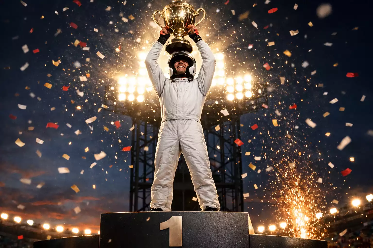 F1 Langzeitwetten: Formel-1-Fahrer hebt den WM-Pokal in die Höhe bei der Siegerehrung