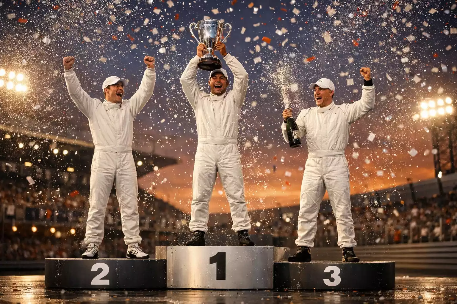 Formel 1 Podiumswette: Drei Fahrer feiern auf dem Siegerpodest beim Grand Prix