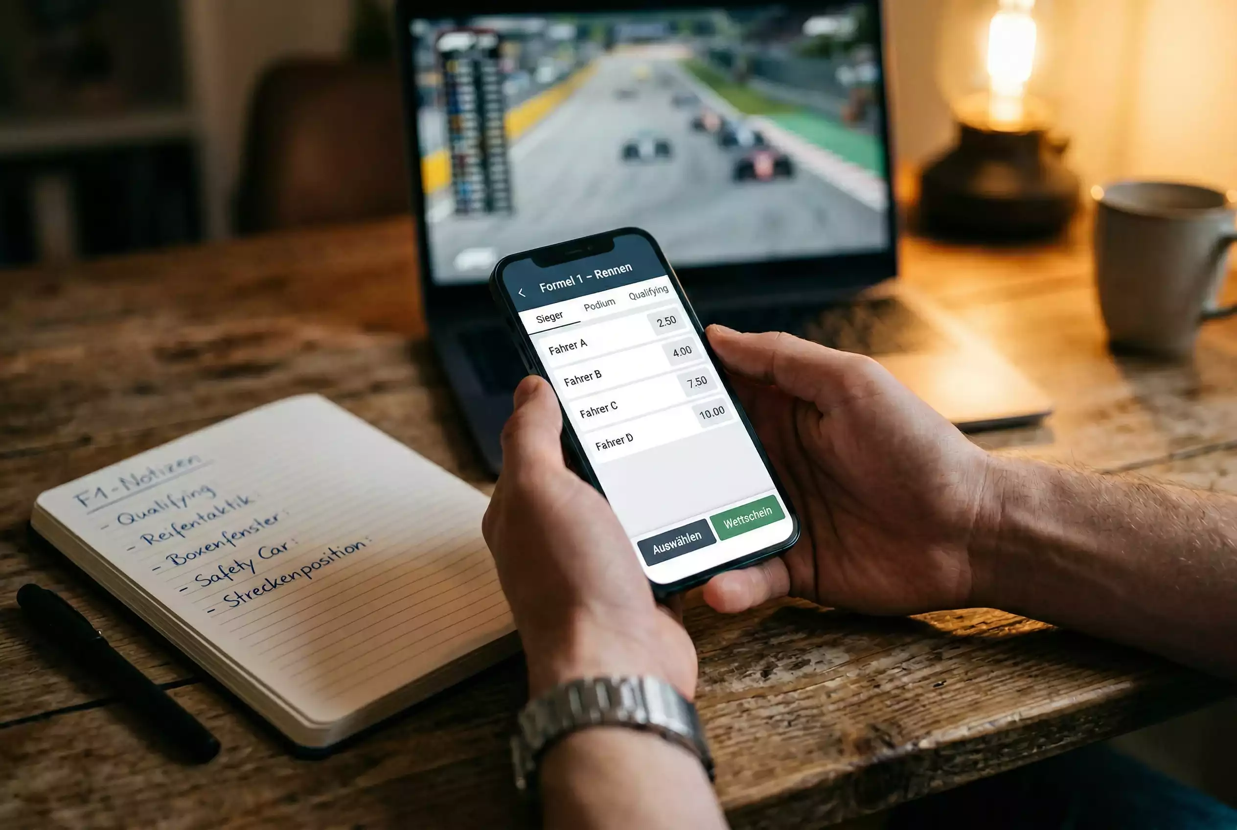 Bildschirm mit Sportwetten-Oberflaeche und Formel 1 Quoten