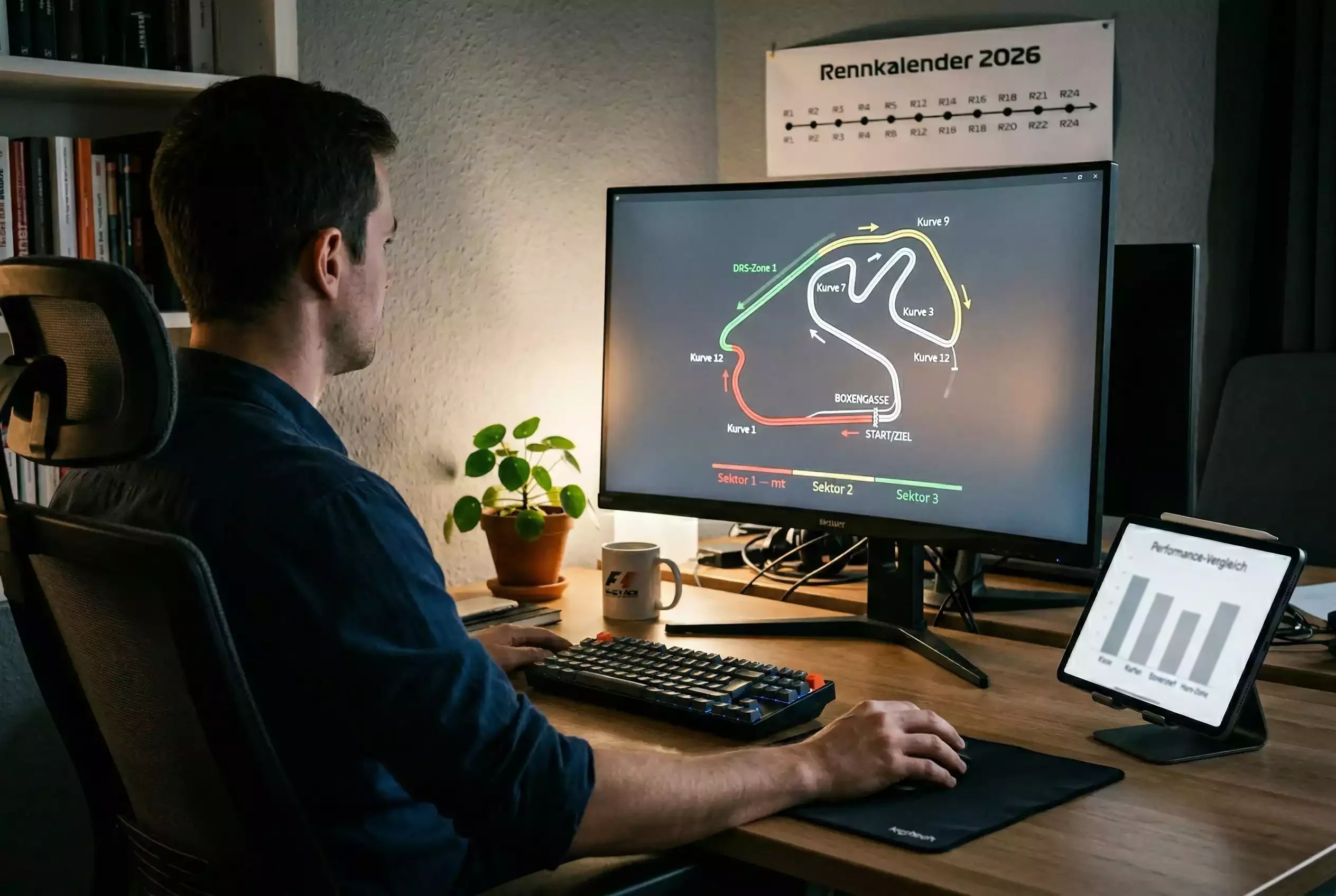 Person analysiert Formel 1 Daten auf einem Tablet mit Streckenplan im Hintergrund