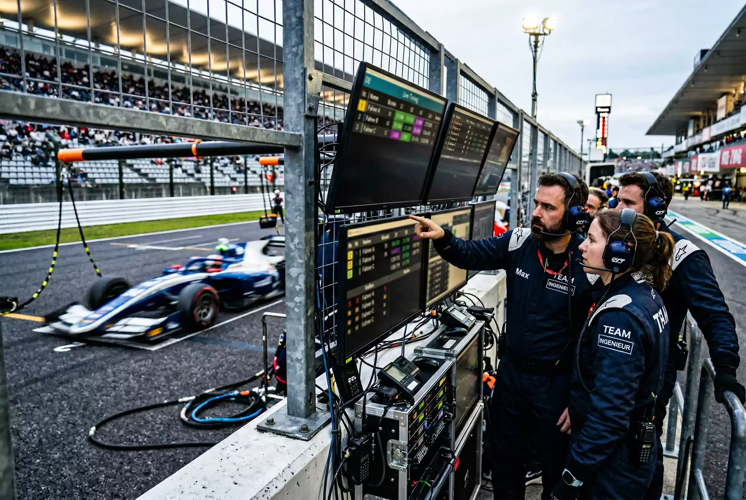 Formel 1 Boxengasse waehrend eines Rennens mit Mechanikern und Monitoren