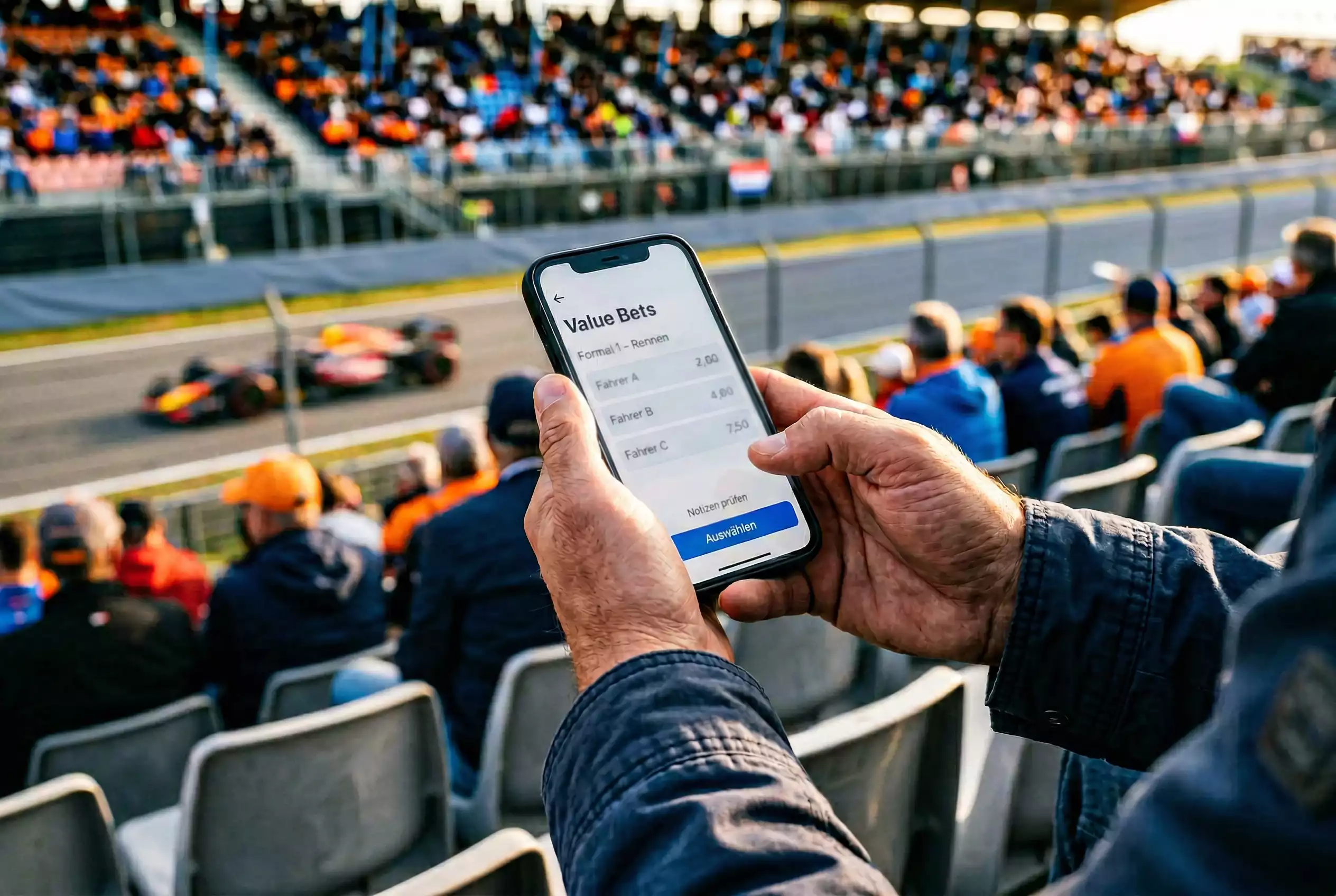 Formel 1 Quoten und Value Bets – Dezimalquoten auf einem Bildschirm neben der Rennstrecke