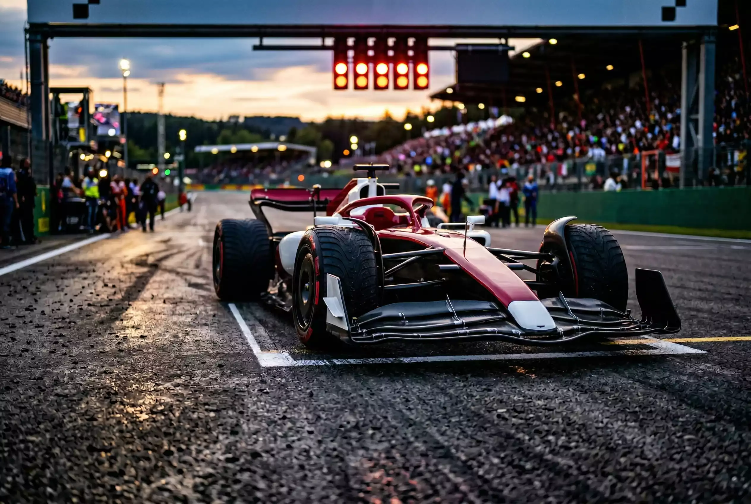 Formel 1 Rennwagen auf der Startstrecke bei Daemmerungslicht